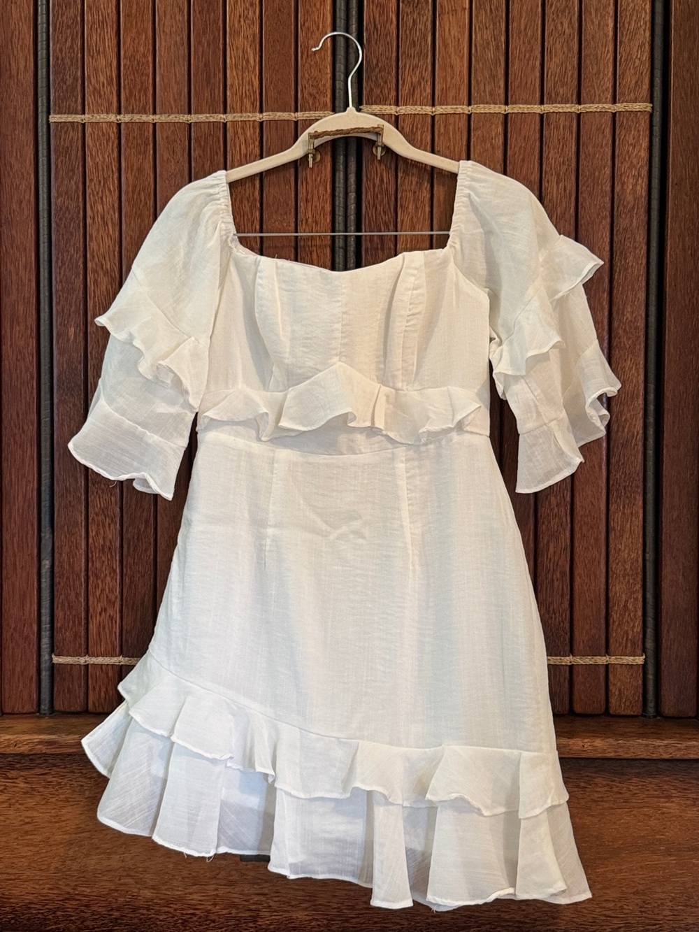 SAINTS + SECRETS White Ruffle-Sleeve Square Neck Mini Dress